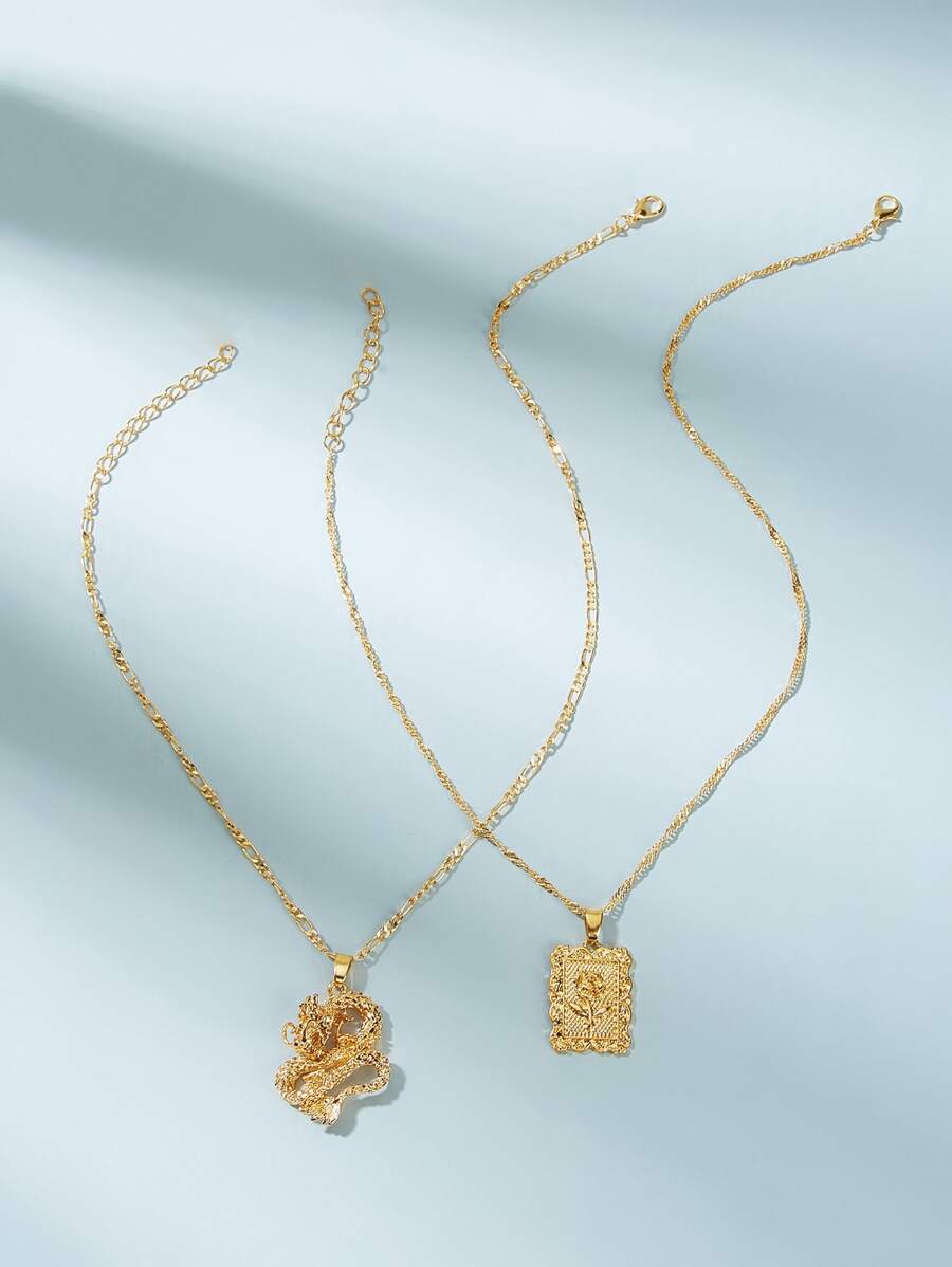 2入組花細節矩形和中國龍吊墜項鏈 - 金黃色 - 查看 1