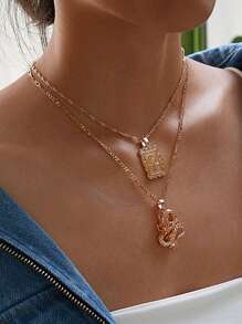 2入組花細節矩形和中國龍吊墜項鏈 - 金黃色 - 查看 2