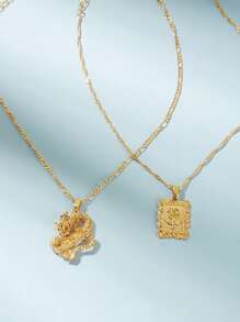 2入組花細節矩形和中國龍吊墜項鏈 - 金黃色 - 查看 3