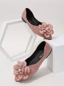 Fall/Winter Faux Suede Flower Decor Point Toe Ballet Flats Valentines - Dusty Pink - View 2