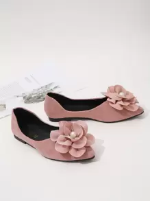 Fall/Winter Faux Suede Flower Decor Point Toe Ballet Flats Valentines - Dusty Pink - View 4