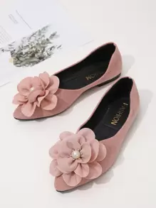 Fall/Winter Faux Suede Flower Decor Point Toe Ballet Flats Valentines - Dusty Pink - View 5