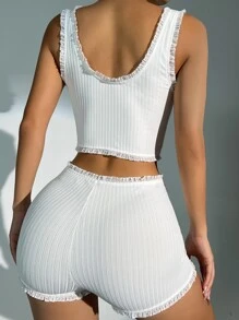 蕾絲拼接褶邊褶邊前蝴蝶結睡衣套裝 - 白色 - 查看 2