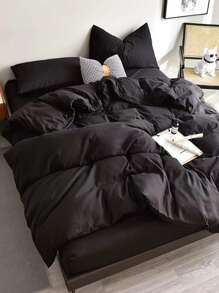 Plain Duvet Cover Set Without Filler - Black - View 6