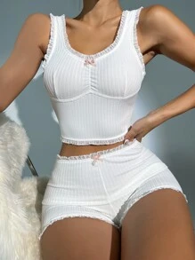 蕾絲拼接褶邊褶邊前蝴蝶結睡衣套裝 - 白色 - 查看 5