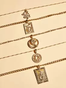 S0149 5pcs Chinese Dragon & Rectangle Charm Necklace - Yellow Gold - View 3