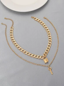 2pcs Letter Detail Key & Lock Charm Necklace - Yellow Gold - View 2