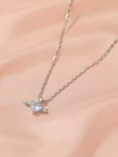 1pc Fashionable Casual Simple All-Match Heart & Wing Bow Decor Necklace, Suitable For Women's Daily Wear Valentines