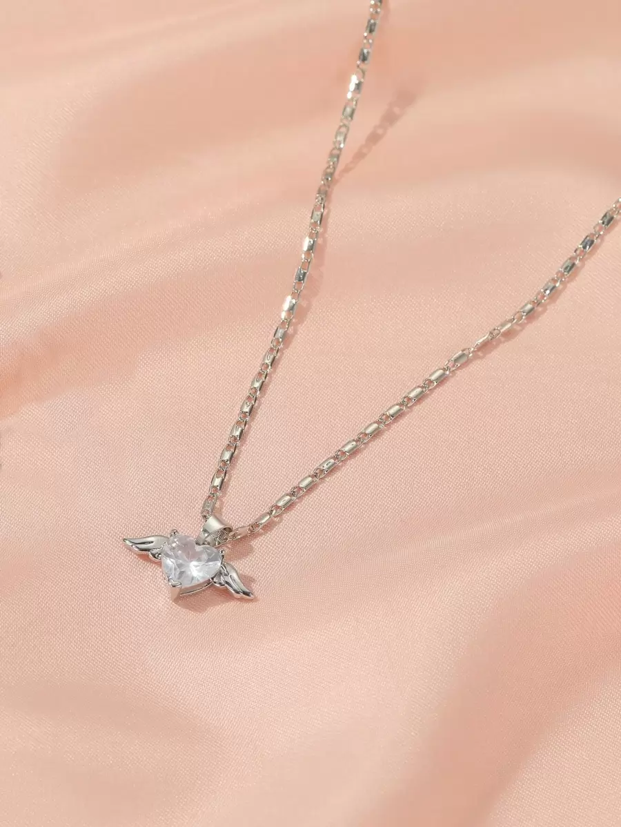 1pc Fashionable Casual Simple All-Match Heart & Wing Bow Decor Necklace, Suitable For Women's Daily Wear Valentines - Silver - View 1