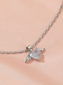 1pc Fashionable Casual Simple All-Match Heart & Wing Bow Decor Necklace, Suitable For Women's Daily Wear Valentines - Silver - View 3