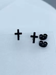 Fashionable and Popular Men Cross Stud Earrings Stainless Steel for Jewelry Gift and for a Stylish Look - Black - View 2