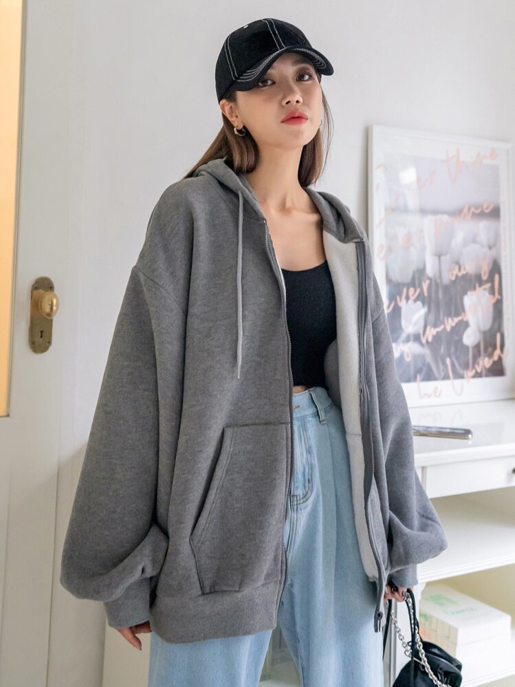 DAZY Áo hoodie lót nhiệt có dây rút kéo khóa vai, quần áo mùa thu cho nữ - Xám - Xem 3