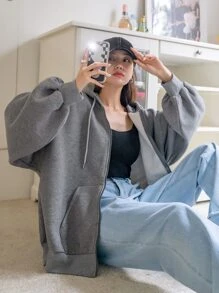 DAZY Zip Up Drop Shoulder Drawstring Thermal Lined Hoodie,Fall Women Clothes Sweatshirt Jacket - Grey - View 4