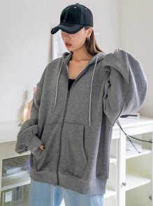 DAZY Zip Up Drop Shoulder Drawstring Thermal Lined Hoodie,Fall Women Clothes Sweatshirt Jacket - Grey - View 5