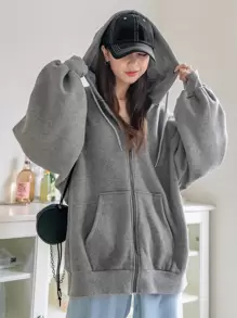 DAZY Zip Up Drop Shoulder Drawstring Thermal Lined Hoodie,Fall Women Clothes Sweatshirt Jacket - Grey - View 6