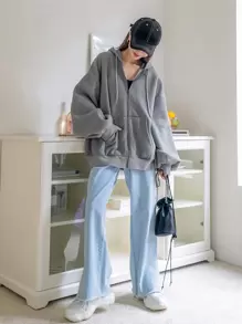 DAZY Zip Up Drop Shoulder Drawstring Thermal Lined Hoodie,Fall Women Clothes Sweatshirt Jacket - Grey - View 8