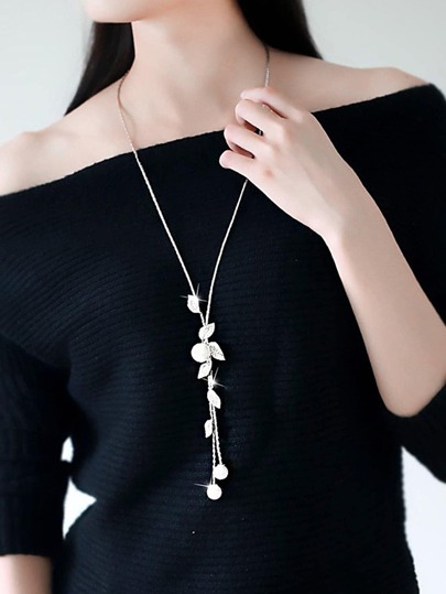 Rhinestone Leaf & Faux Pearl Decor Y Lariat Sweater Chain Necklace Long Necklace