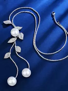 鑽石葉&人造珍珠裝飾的y型毛衣鍊項鍊