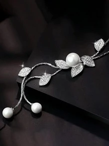 鑽石葉&人造珍珠裝飾的y型毛衣鍊項鍊