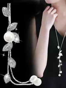 鑽石葉&人造珍珠裝飾的y型毛衣鍊項鍊