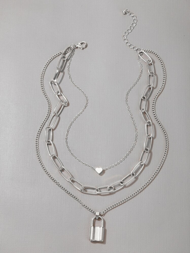 imoli 心形与锁扣多层项链 情人节 - 銀色 - 查看 5