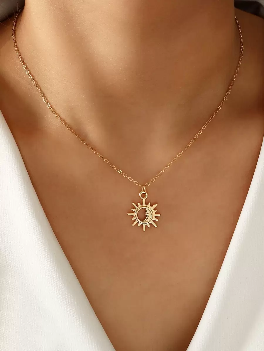 Sun & Moon Pendant Necklace - Yellow Gold - View 1