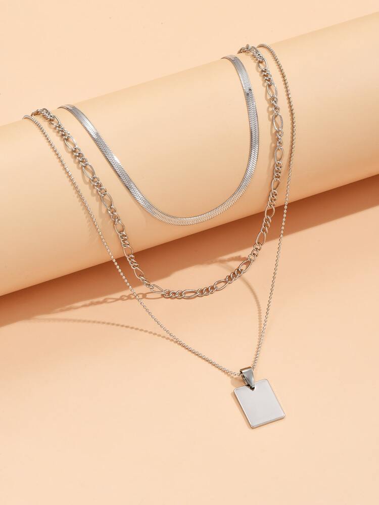 2入組矩形吊墜多層次項鍊 - 銀色 - 查看 3