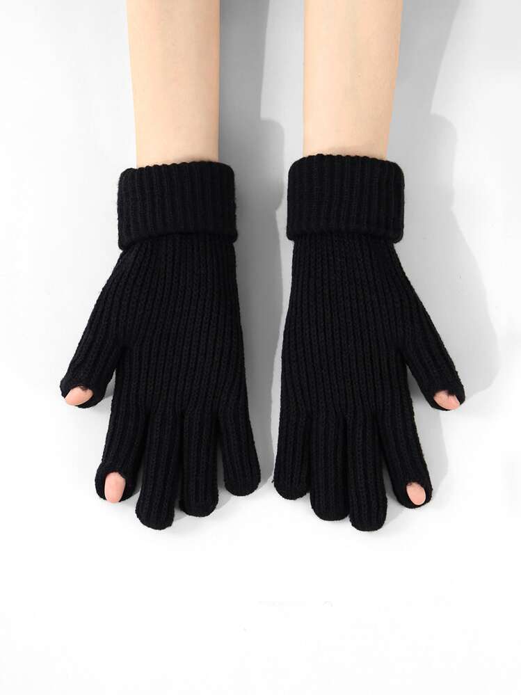 1pair Women's Fashionable Finger Gloves Thickened And Warm Anti-Cold Touch Screen Gloves, Suitable For Winter Outdoor Sports, Riding - Black - View 1