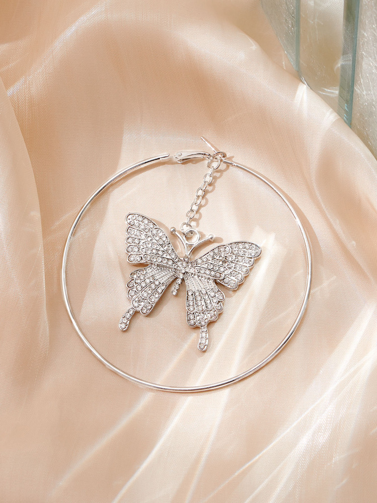 SHEIN ICON 水鑽蝴蝶耳墜 - 銀色 - 查看 3