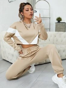INAWLY 撞色落肩袖衛衣和衛褲 - 卡其色 - 查看 1
