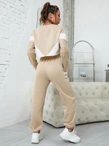 INAWLY 撞色落肩袖衛衣和衛褲 - 卡其色 - 查看 2