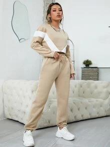 INAWLY 撞色落肩袖衛衣和衛褲 - 卡其色 - 查看 3