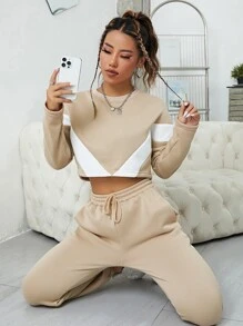 INAWLY 撞色落肩袖衛衣和衛褲 - 卡其色 - 查看 6