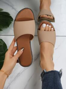 Litchi Embossed Single Band Slides - Khaki - View 1