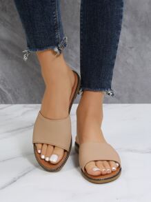 Litchi Embossed Single Band Slides - Khaki - View 2