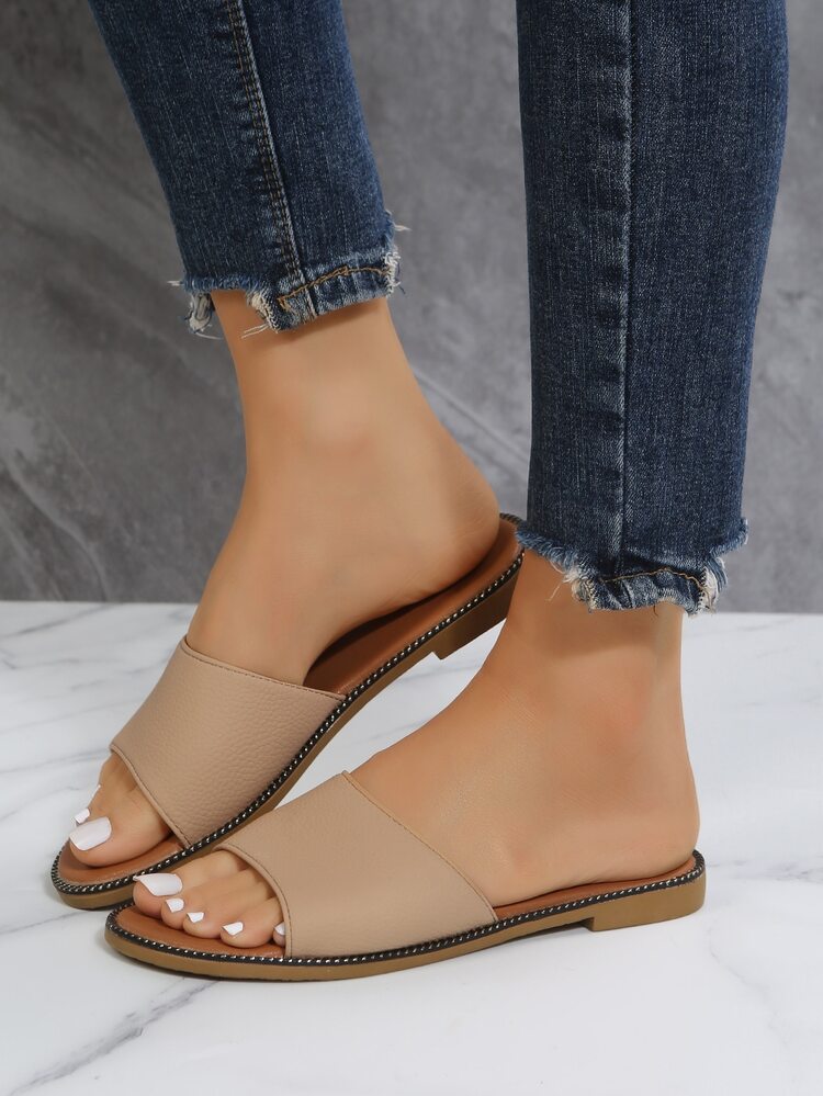 荔枝紋壓花單帶拖鞋 - 卡其色 - 查看 3