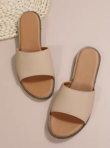 Litchi Embossed Single Band Slides - Khaki - View 5