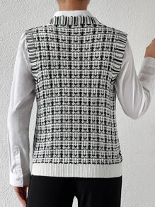 Chiquease Áo len nữ vest Sọc ca rô Giải trí - Đen và trắng - Xem 2