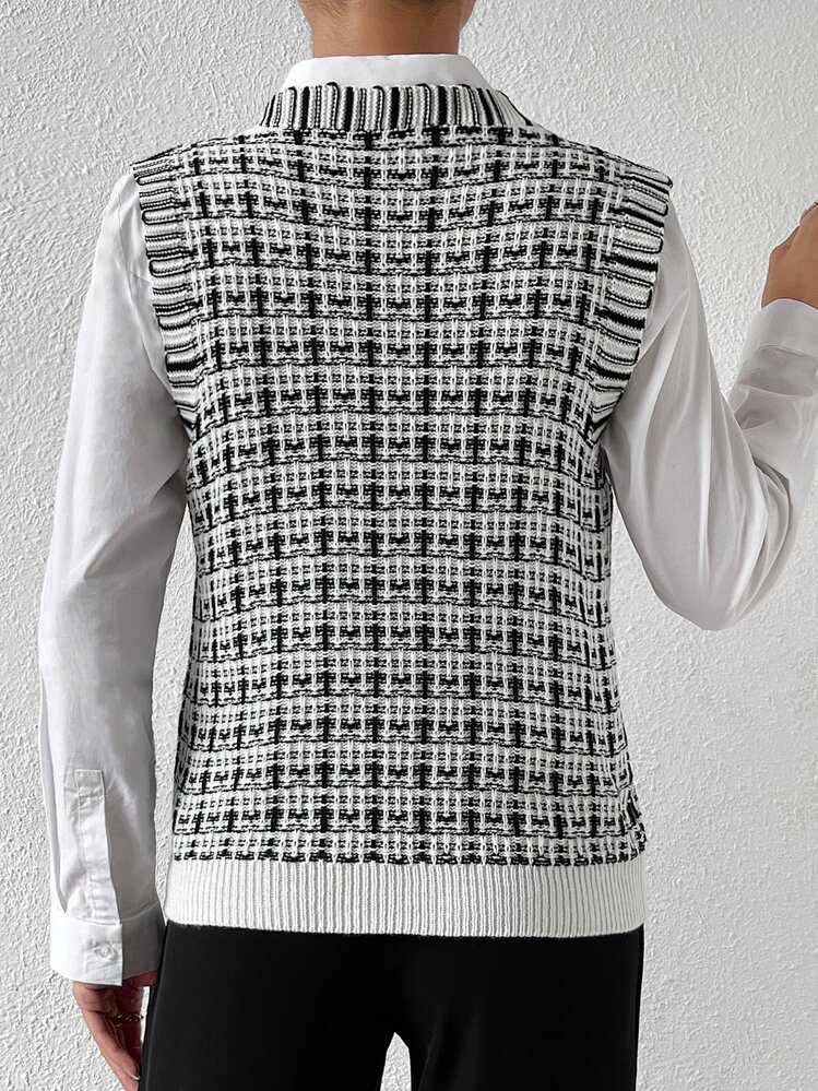 Chiquease Áo len nữ vest Sọc ca rô Giải trí - Đen và trắng - Xem 2