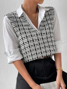 Chiquease Áo len nữ vest Sọc ca rô Giải trí - Đen và trắng - Xem 3