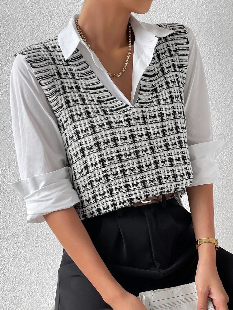 Chiquease Áo len nữ vest Sọc ca rô Giải trí - Đen và trắng - Xem 3