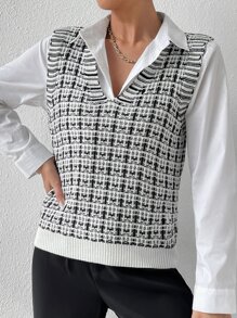 Chiquease Áo len nữ vest Sọc ca rô Giải trí - Đen và trắng - Xem 4