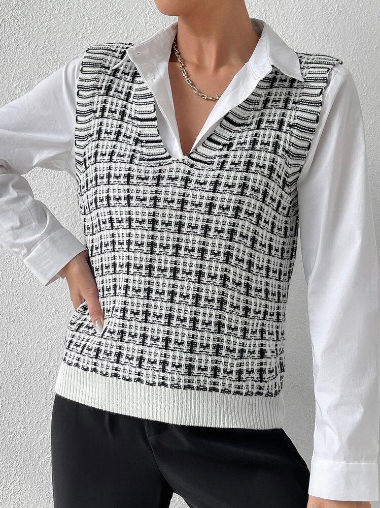 Chiquease Áo len nữ vest Sọc ca rô Giải trí - Đen và trắng - Xem 4