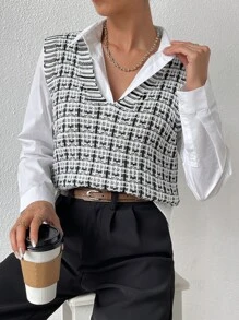 Chiquease Áo len nữ vest Sọc ca rô Giải trí - Đen và trắng - Xem 5