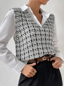 Chiquease Áo len nữ vest Sọc ca rô Giải trí - Đen và trắng - Xem 6