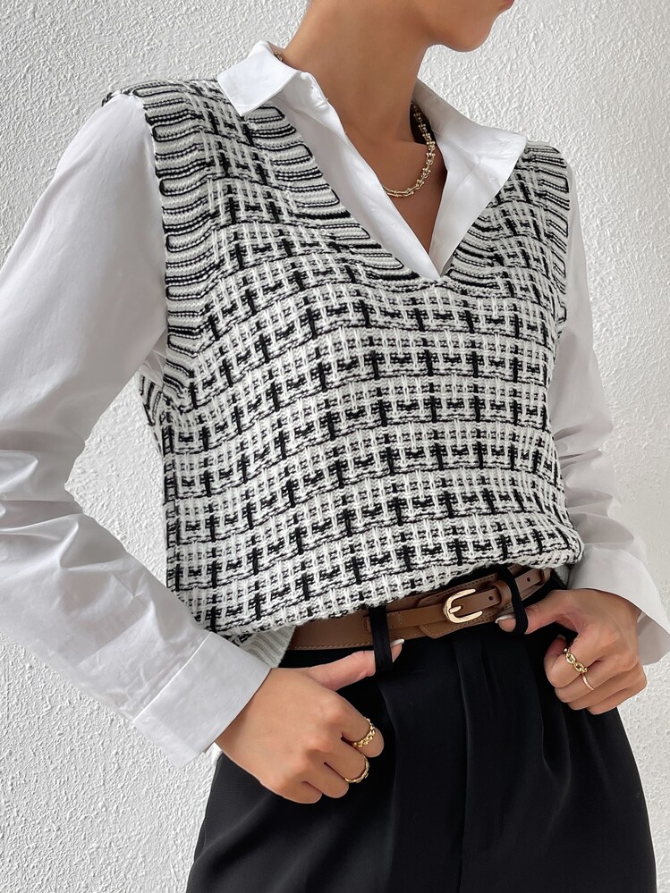 Chiquease Áo len nữ vest Sọc ca rô Giải trí - Đen và trắng - Xem 6