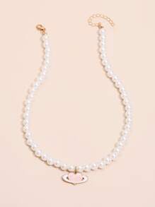 Collar con accesorio de corazón con cuenta con perla artificial - Blanco - Ver 2