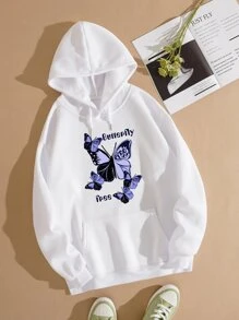 SHEIN EZwear Letter & Butterfly Print Kangaroo Pocket Drawstring Thermal Hoodie - White - View 1