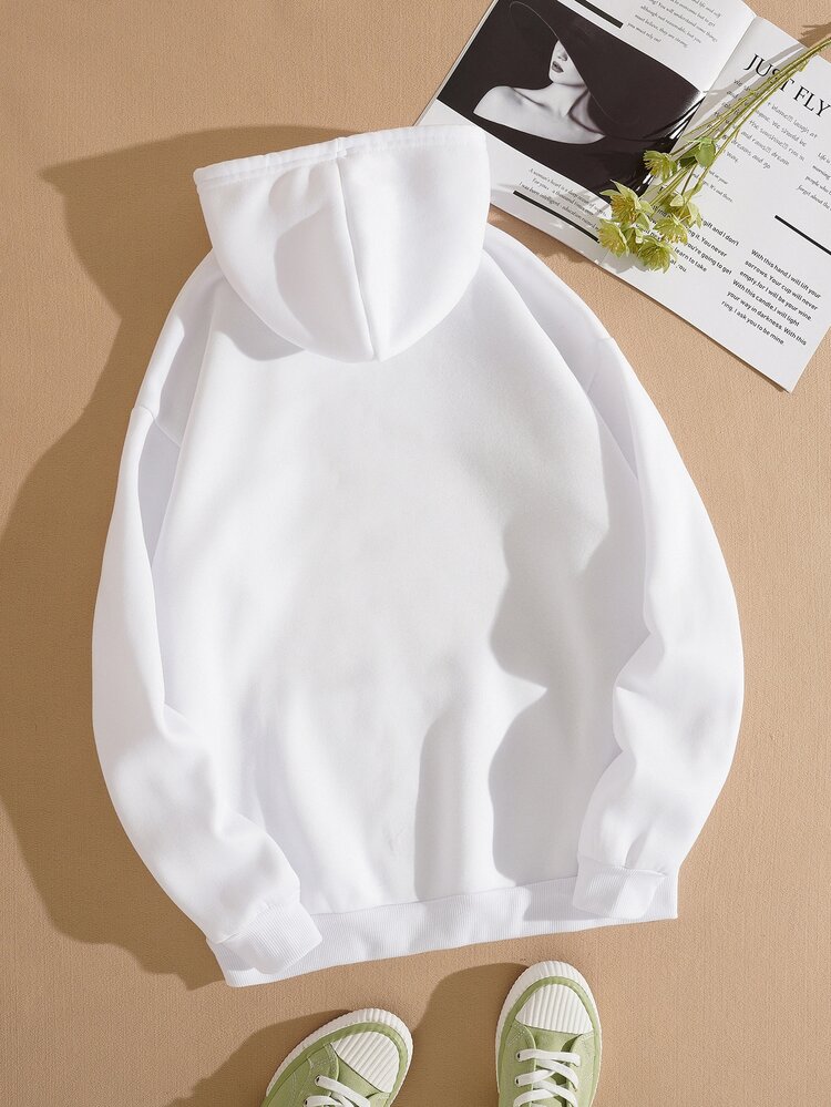 SHEIN EZwear Capucha térmica letra y mariposa con estampado con bolsillo de canguro con cordón - Blanco - Añade 2