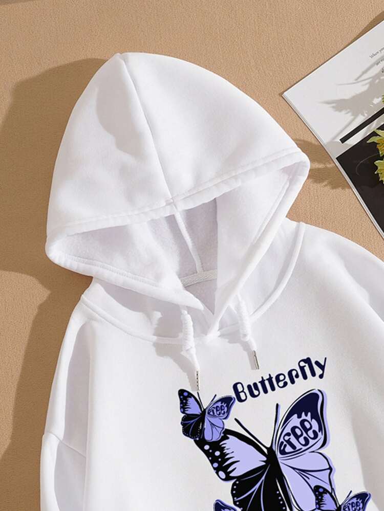 SHEIN EZwear Capucha térmica letra y mariposa con estampado con bolsillo de canguro con cordón - Blanco - Añade 3